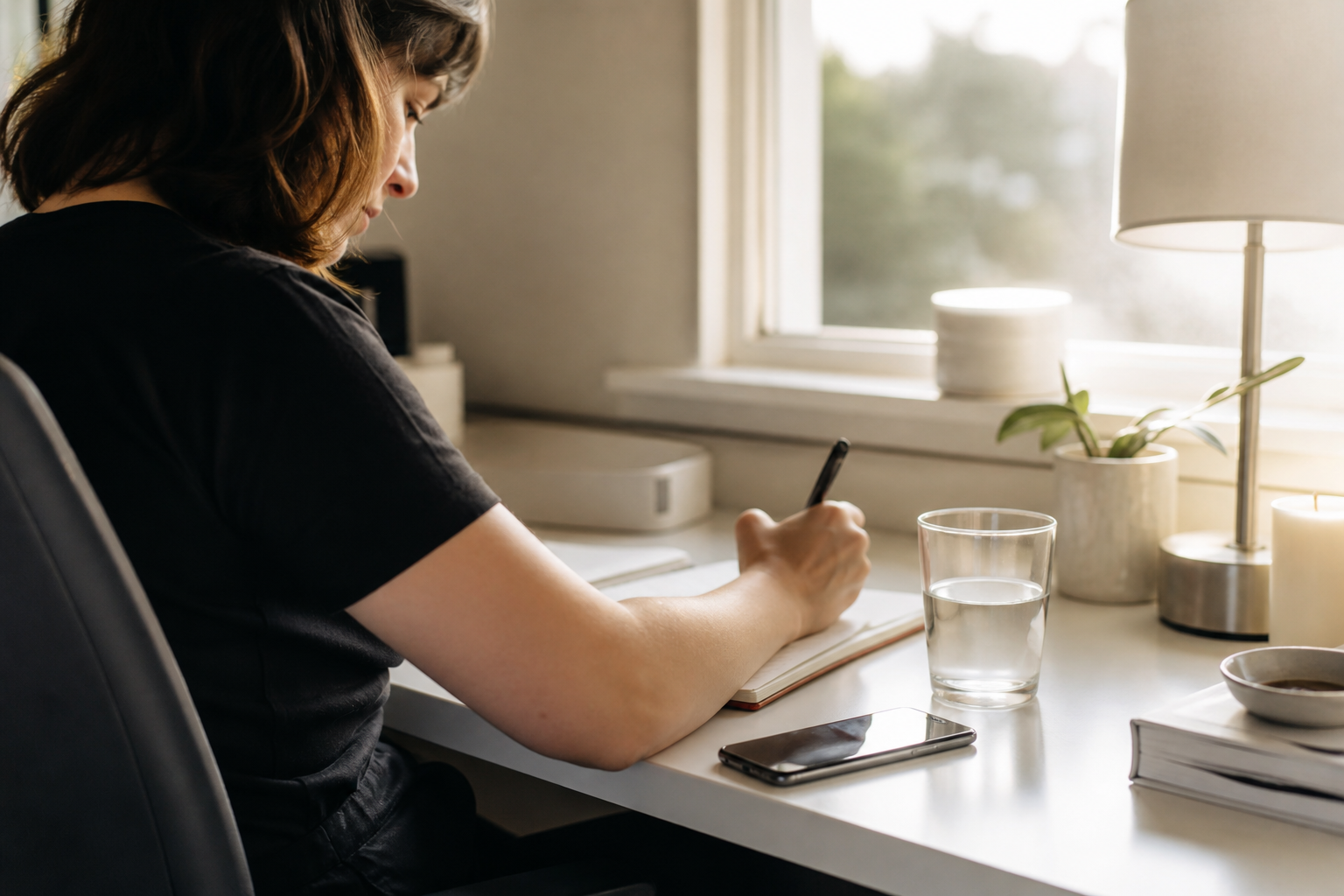 Person writing at a desk with a glass of water and phone during an afternoon reset