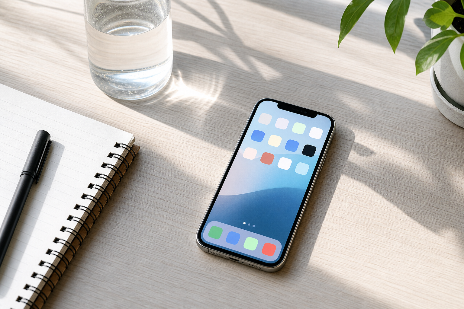Clean phone home screen beside a notebook and water bottle on a bright desk