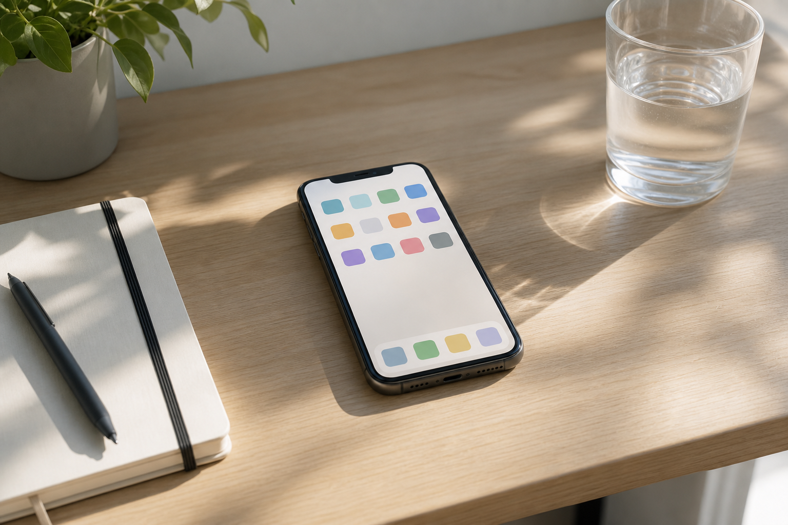 Bright desk with a simple phone app grid, notebook, and water glass