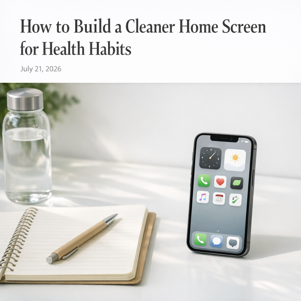Clean phone home screen beside a notebook and water bottle on a bright desk