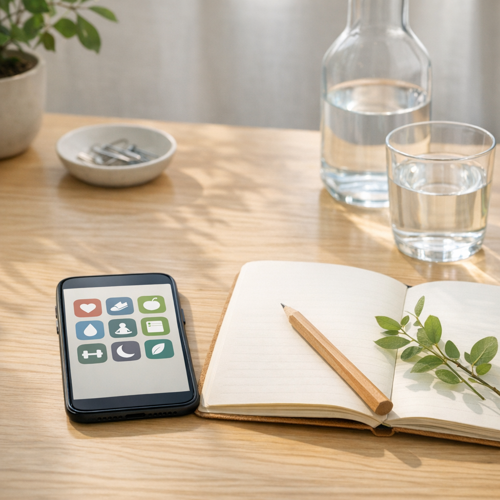 Bright desk with a simple phone app grid, notebook, and water glass