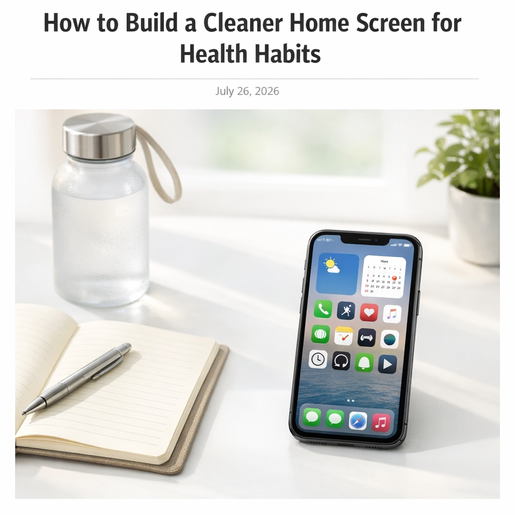 Clean phone home screen beside a notebook and water bottle on a bright desk