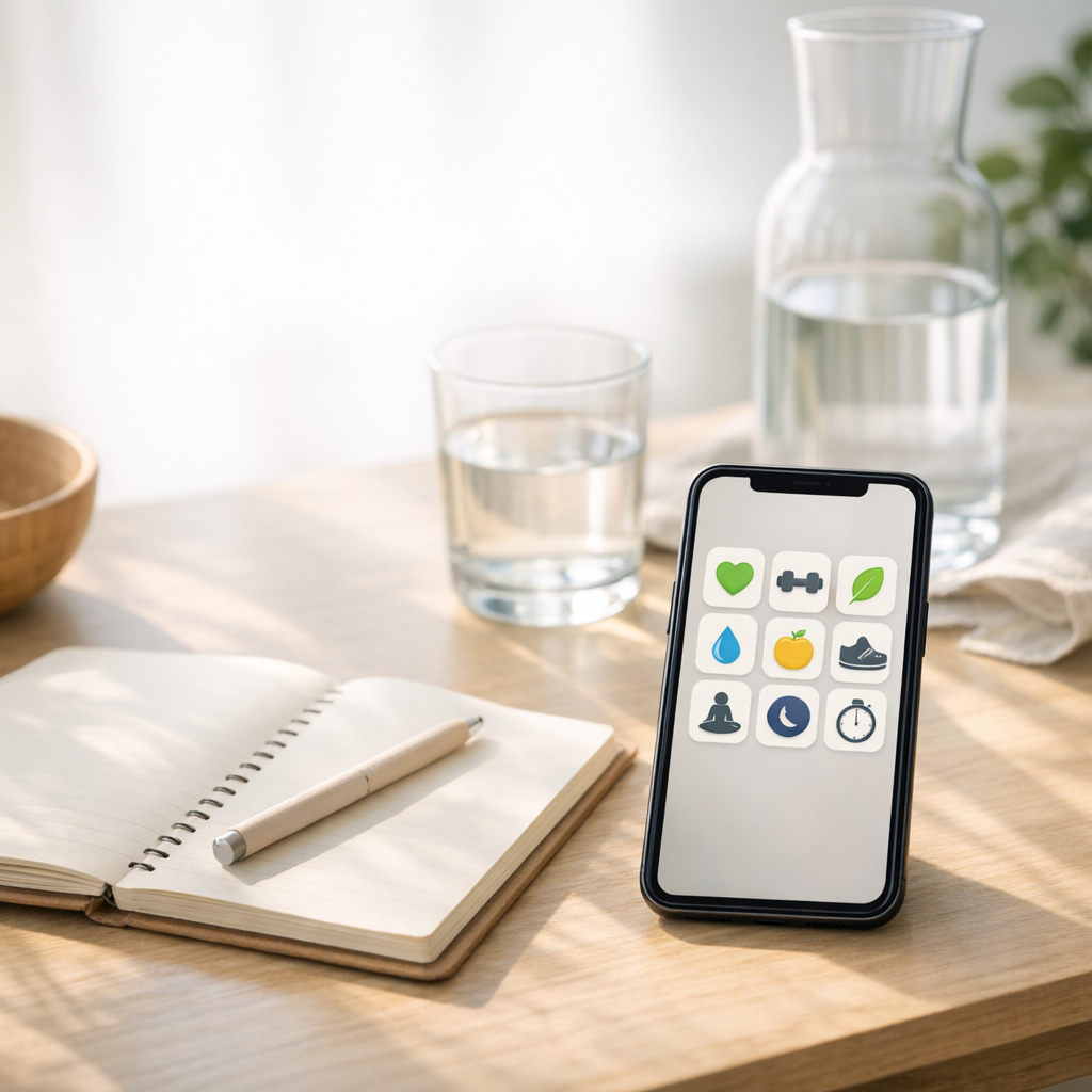 Bright desk with a simple phone app grid, notebook, and water glass