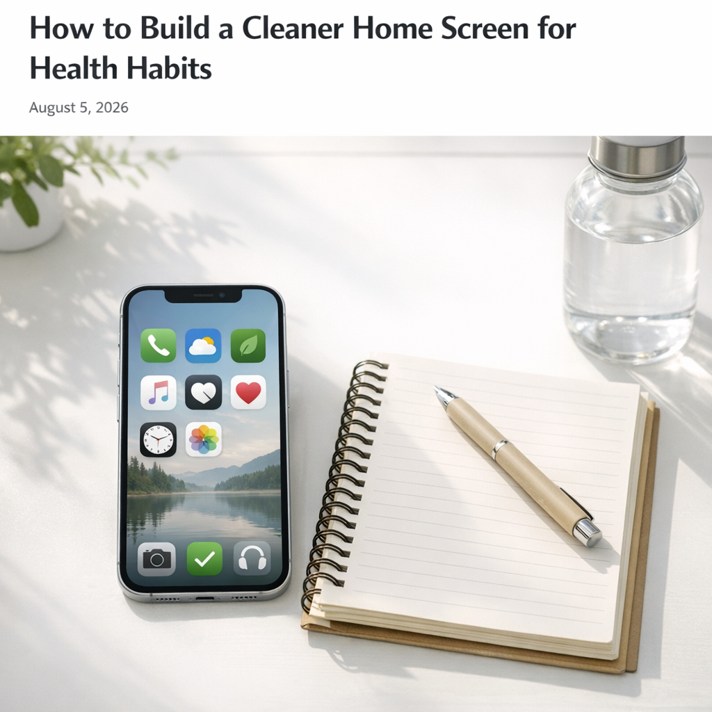 Clean phone home screen beside a notebook and water bottle on a bright desk