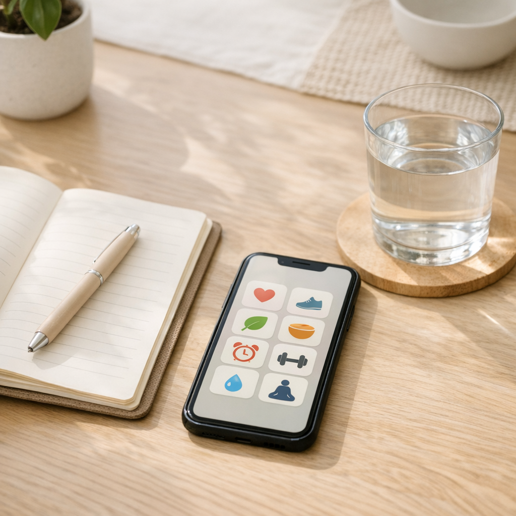 Bright desk with a simple phone app grid, notebook, and water glass