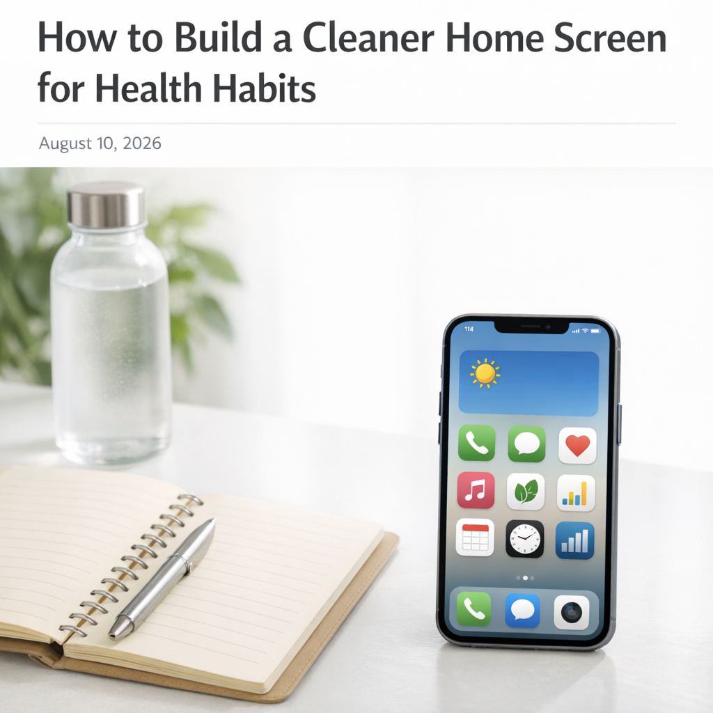 Clean phone home screen beside a notebook and water bottle on a bright desk