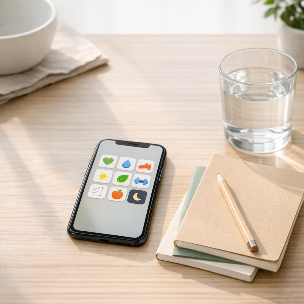Bright desk with a simple phone app grid, notebook, and water glass