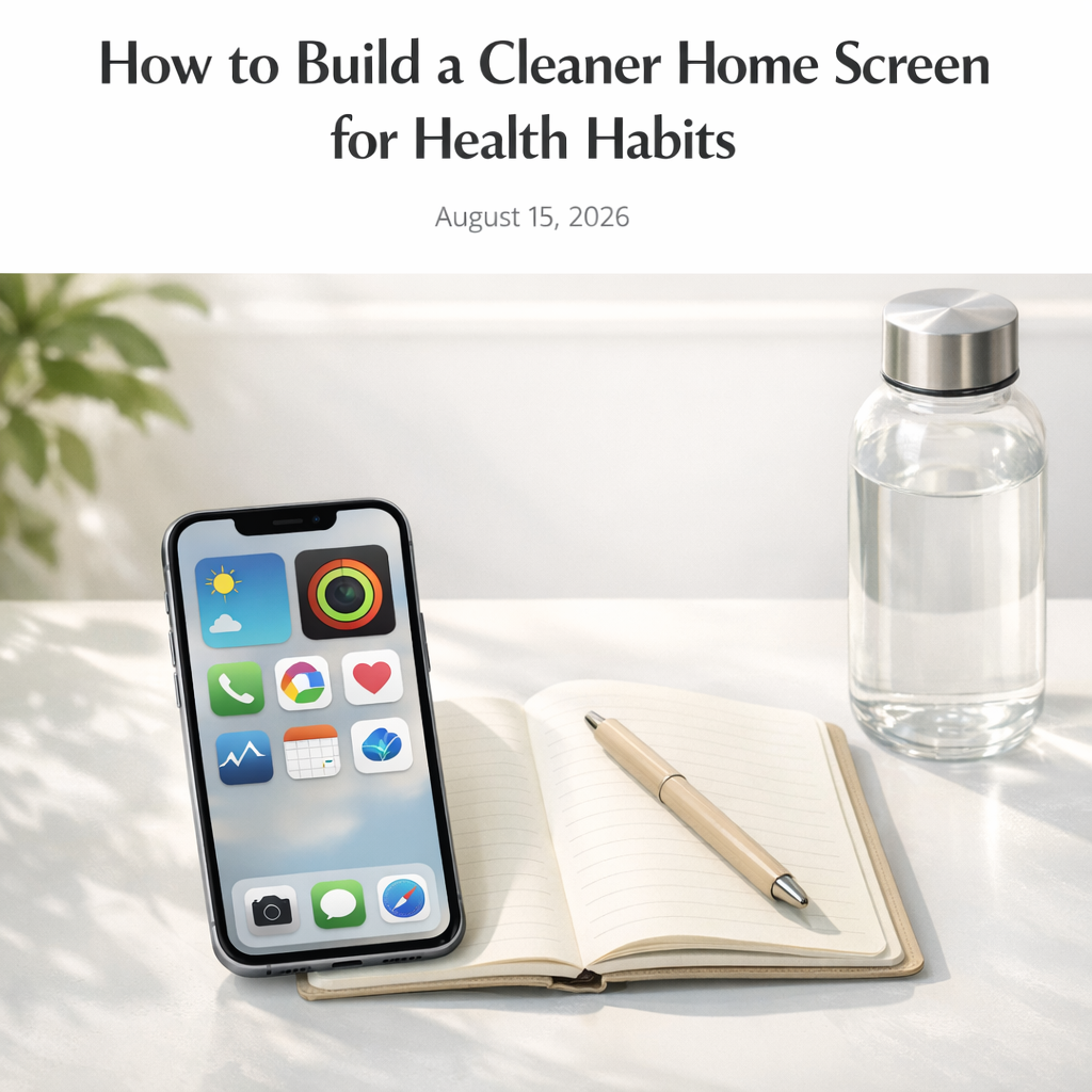 Clean phone home screen beside a notebook and water bottle on a bright desk