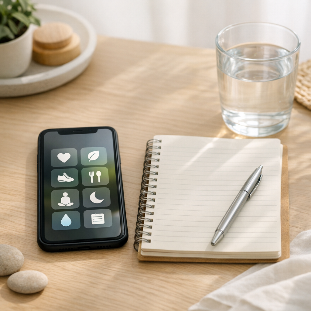 Bright desk with a simple phone app grid, notebook, and water glass