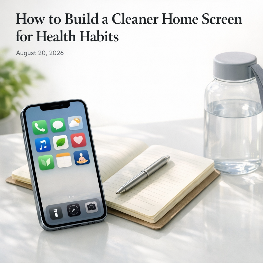 Clean phone home screen beside a notebook and water bottle on a bright desk