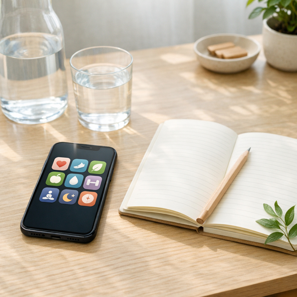Bright desk with a simple phone app grid, notebook, and water glass