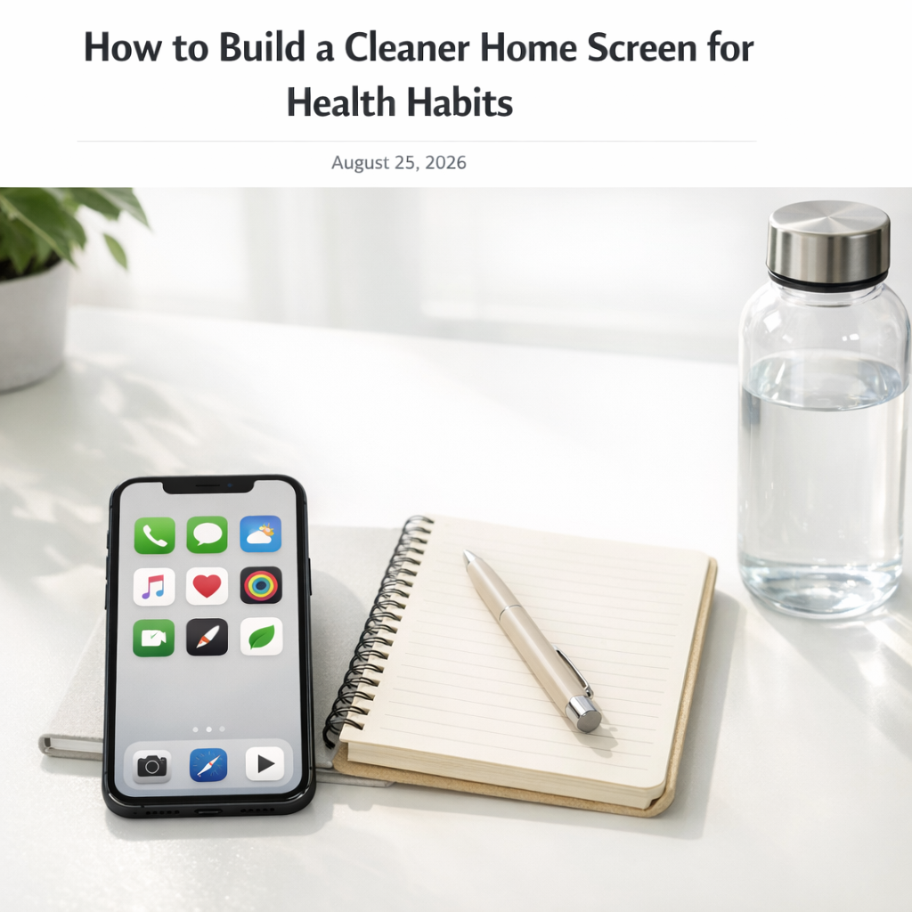 Clean phone home screen beside a notebook and water bottle on a bright desk