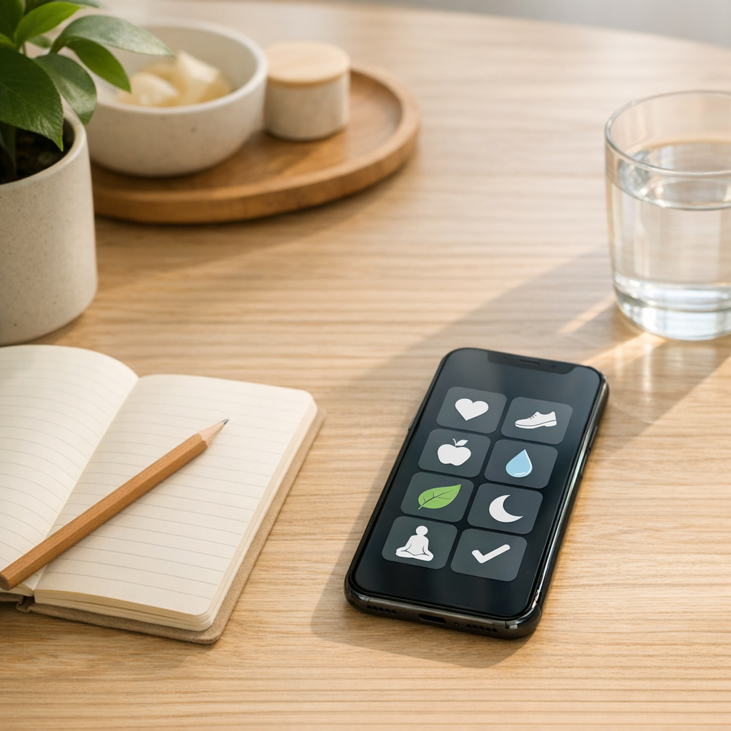 Bright desk with a simple phone app grid, notebook, and water glass