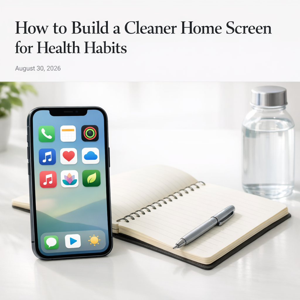 Clean phone home screen beside a notebook and water bottle on a bright desk