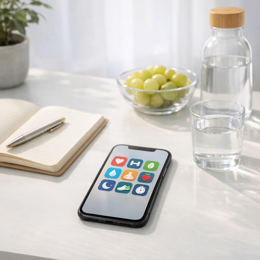 Bright desk with a simple phone app grid, notebook, and water glass