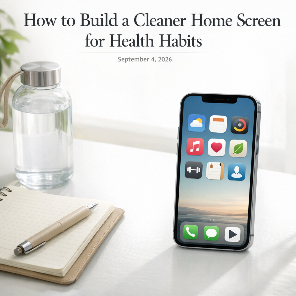 Clean phone home screen beside a notebook and water bottle on a bright desk
