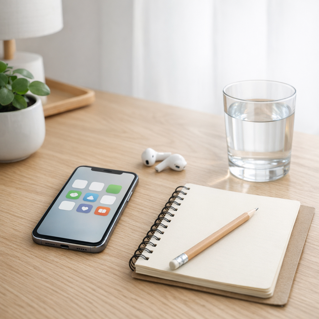 Bright desk with a simple phone app grid, notebook, and water glass