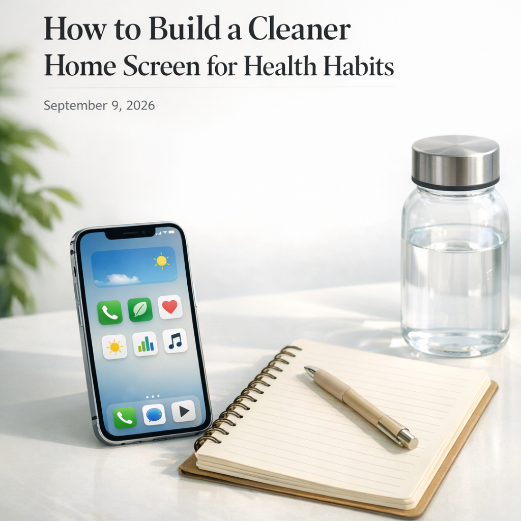 Clean phone home screen beside a notebook and water bottle on a bright desk