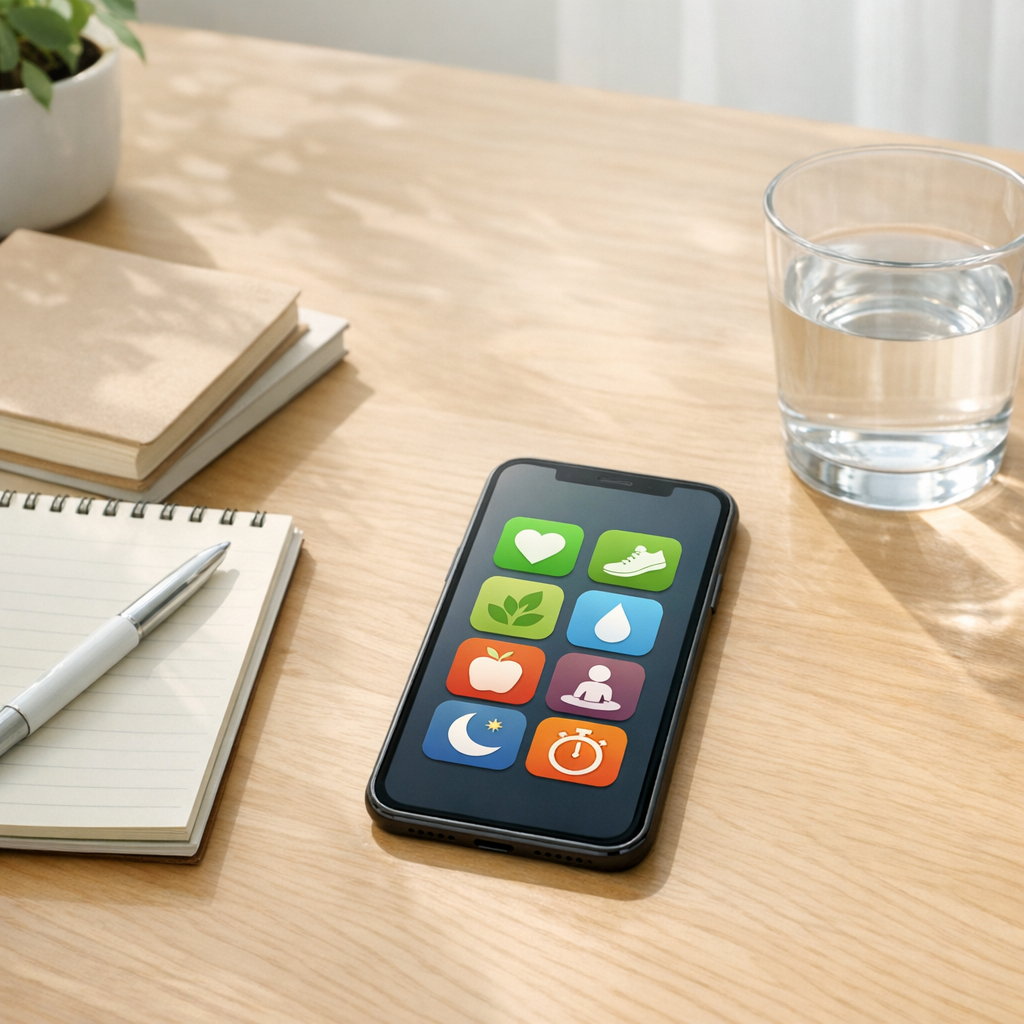 Bright desk with a simple phone app grid, notebook, and water glass