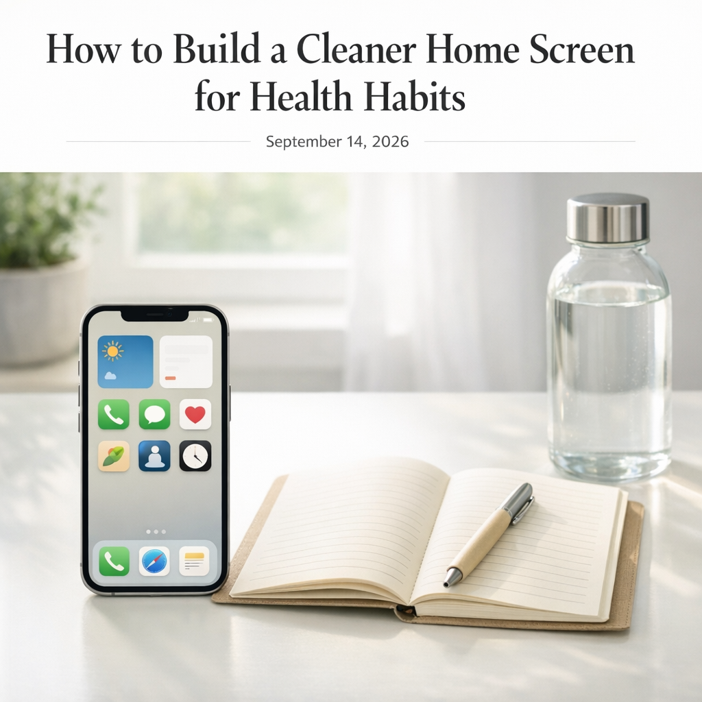 Clean phone home screen beside a notebook and water bottle on a bright desk