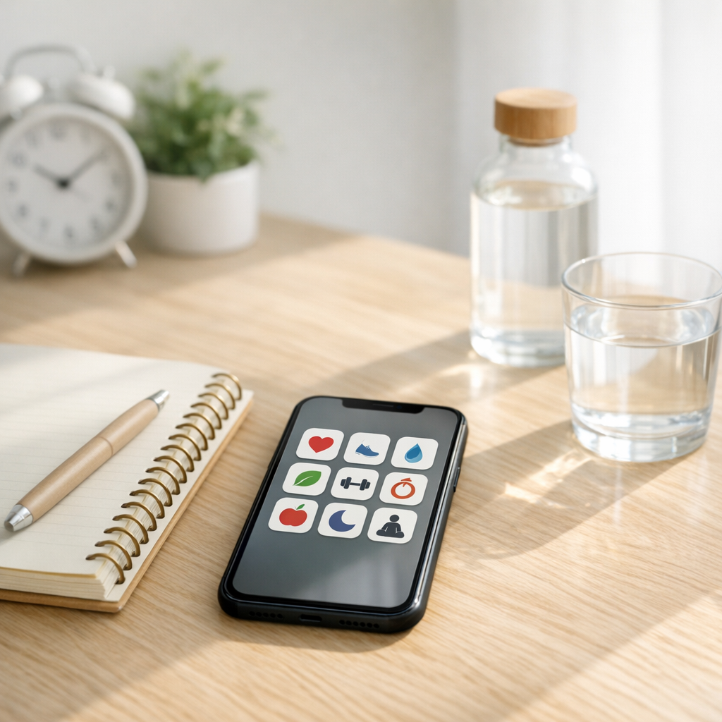 Bright desk with a simple phone app grid, notebook, and water glass