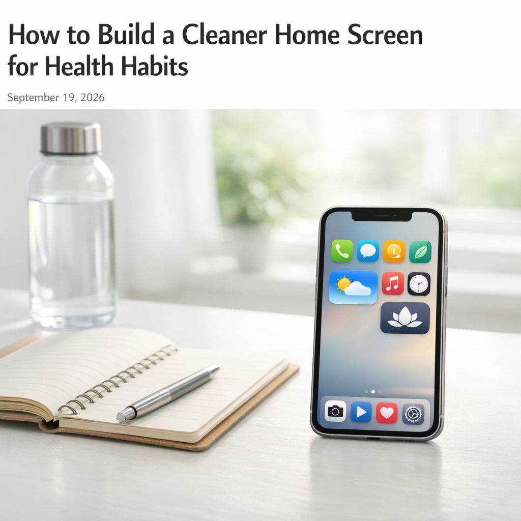 Clean phone home screen beside a notebook and water bottle on a bright desk