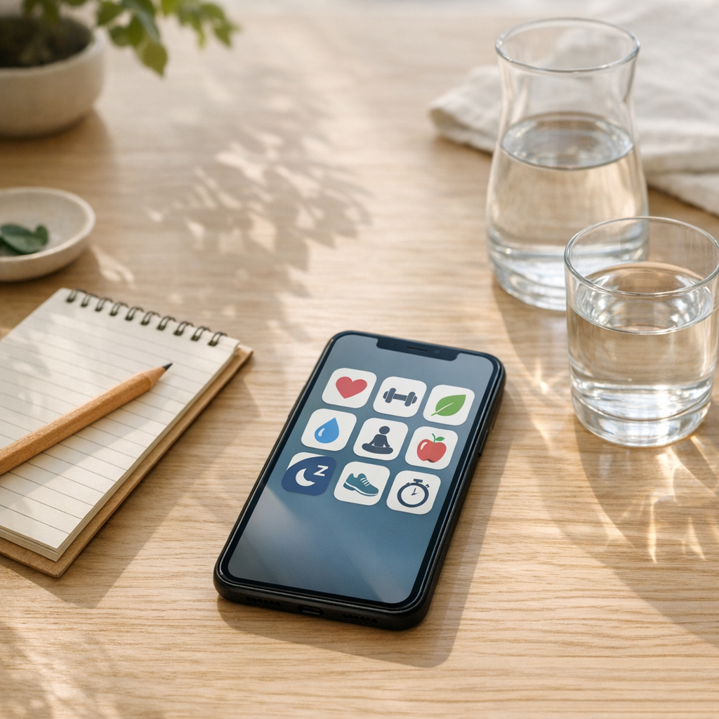 Bright desk with a simple phone app grid, notebook, and water glass