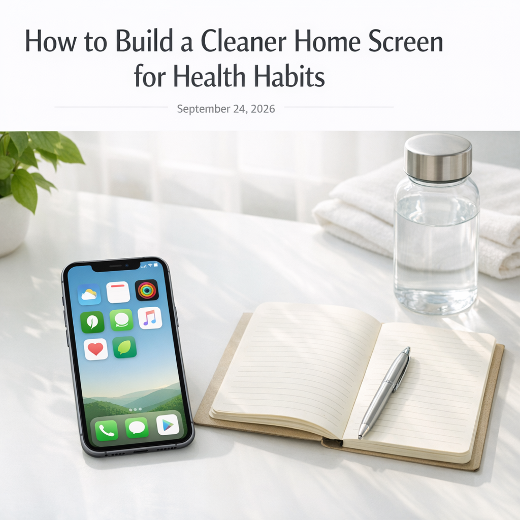 Clean phone home screen beside a notebook and water bottle on a bright desk