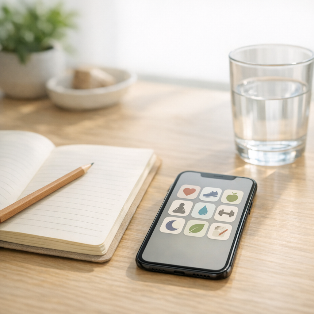 Bright desk with a simple phone app grid, notebook, and water glass
