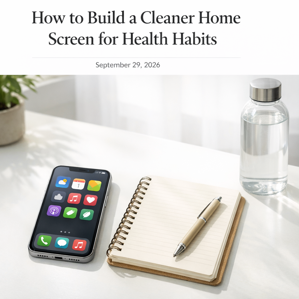 Clean phone home screen beside a notebook and water bottle on a bright desk