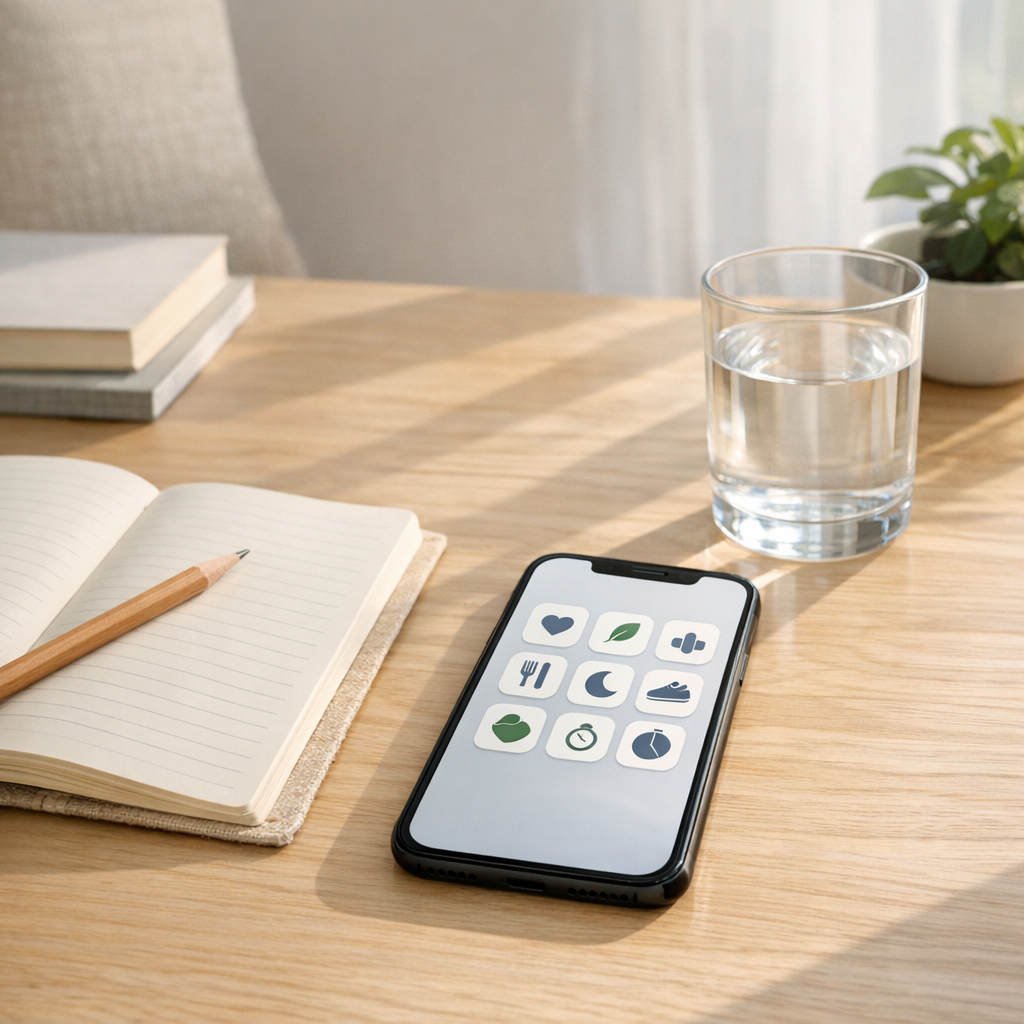 Bright desk with a simple phone app grid, notebook, and water glass