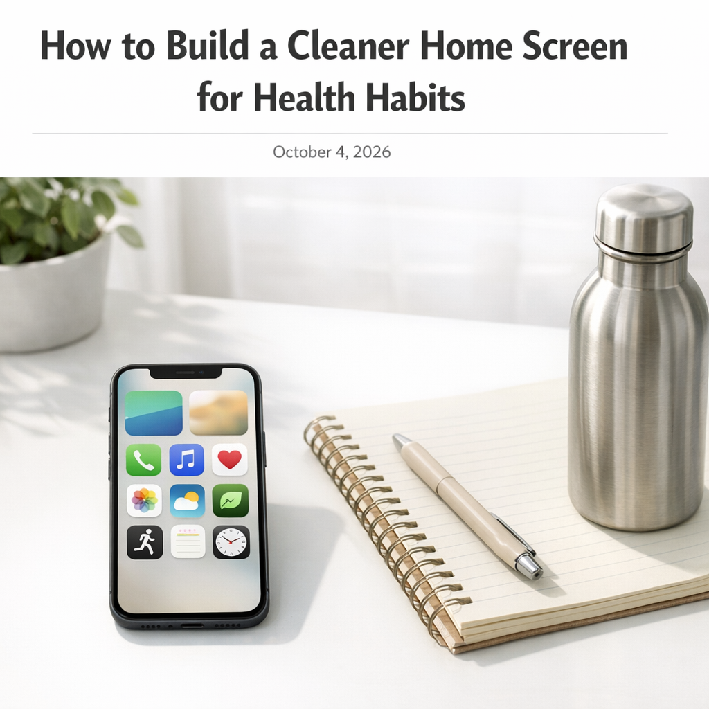 Clean phone home screen beside a notebook and water bottle on a bright desk