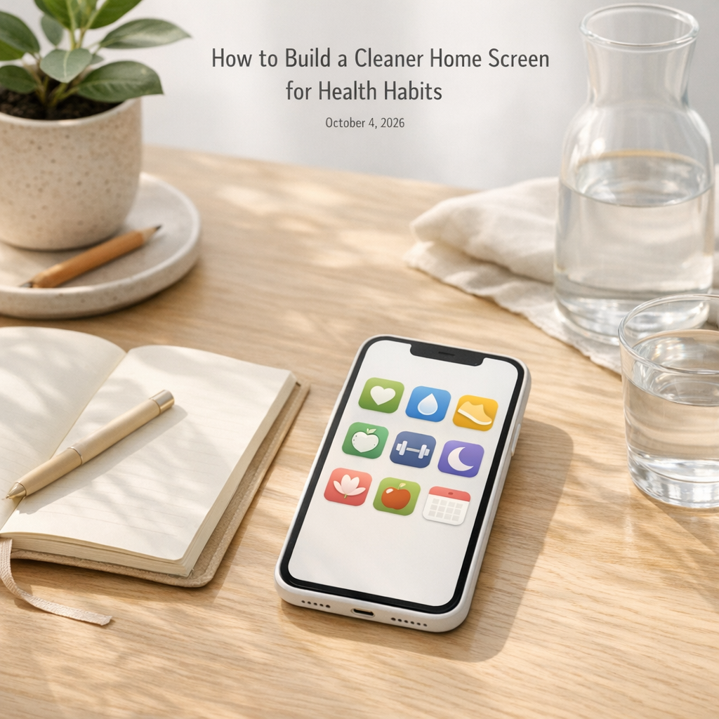 Bright desk with a simple phone app grid, notebook, and water glass