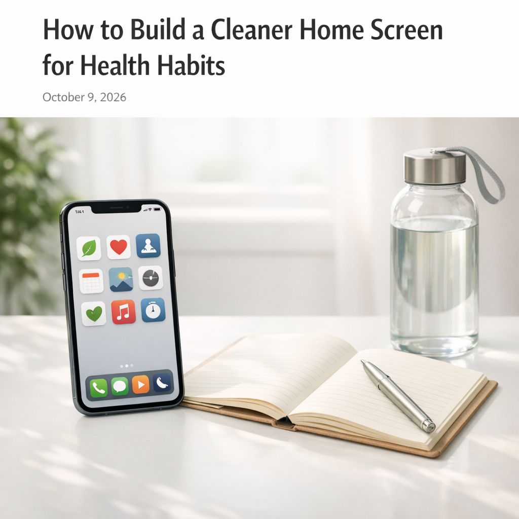 Clean phone home screen beside a notebook and water bottle on a bright desk