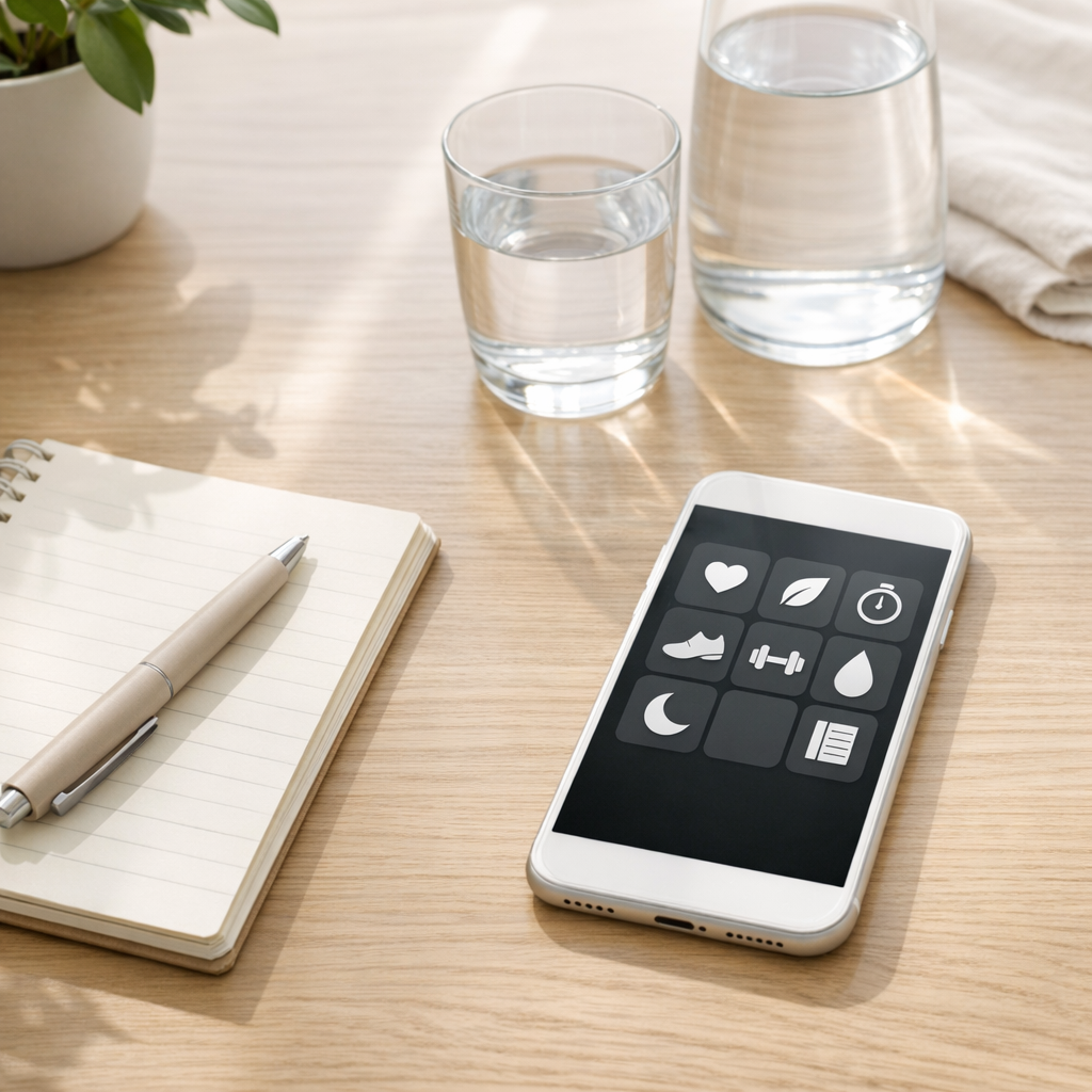 Bright desk with a simple phone app grid, notebook, and water glass