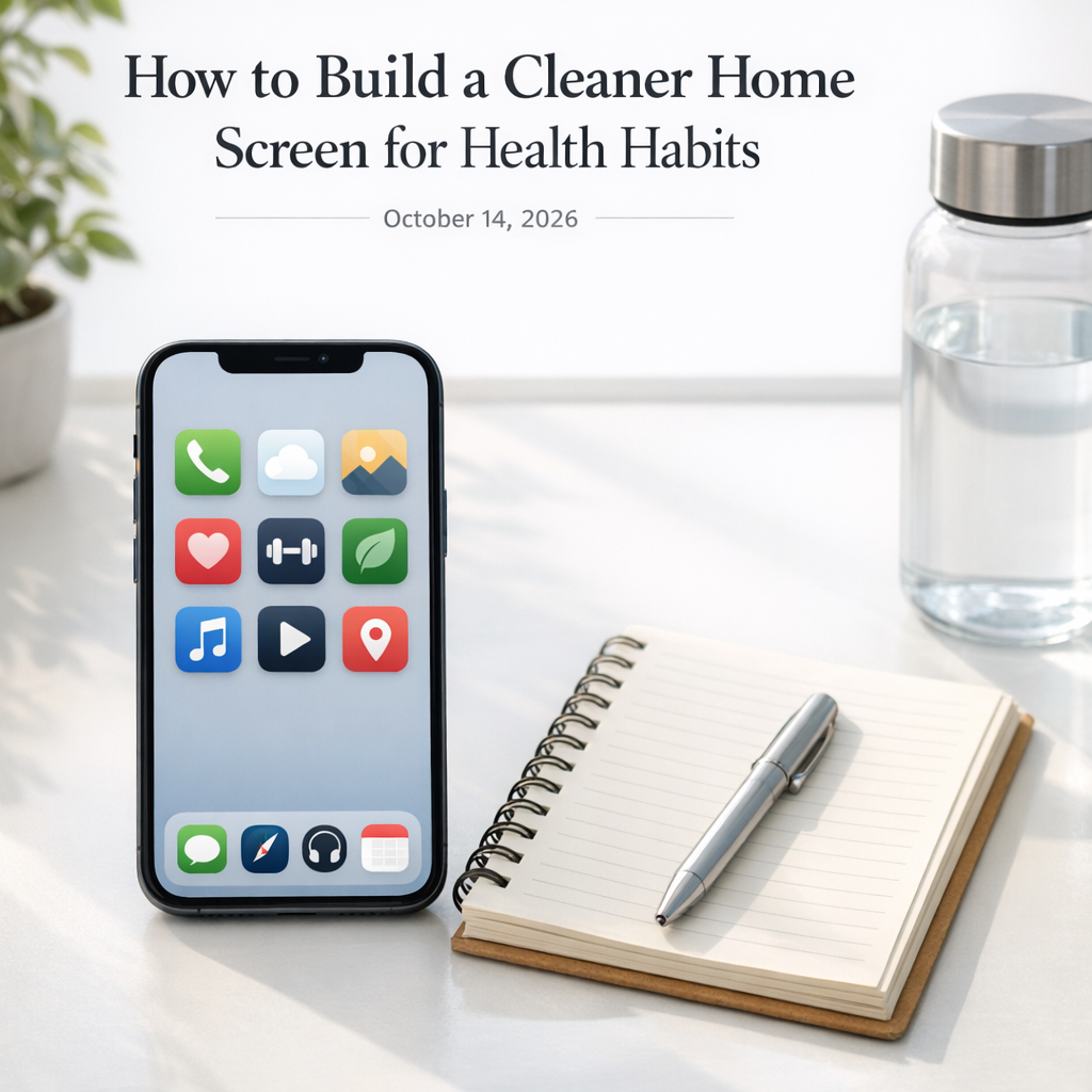 Clean phone home screen beside a notebook and water bottle on a bright desk