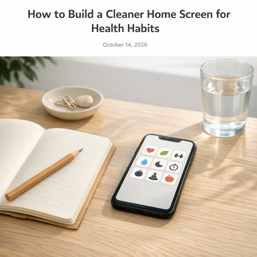 Bright desk with a simple phone app grid, notebook, and water glass