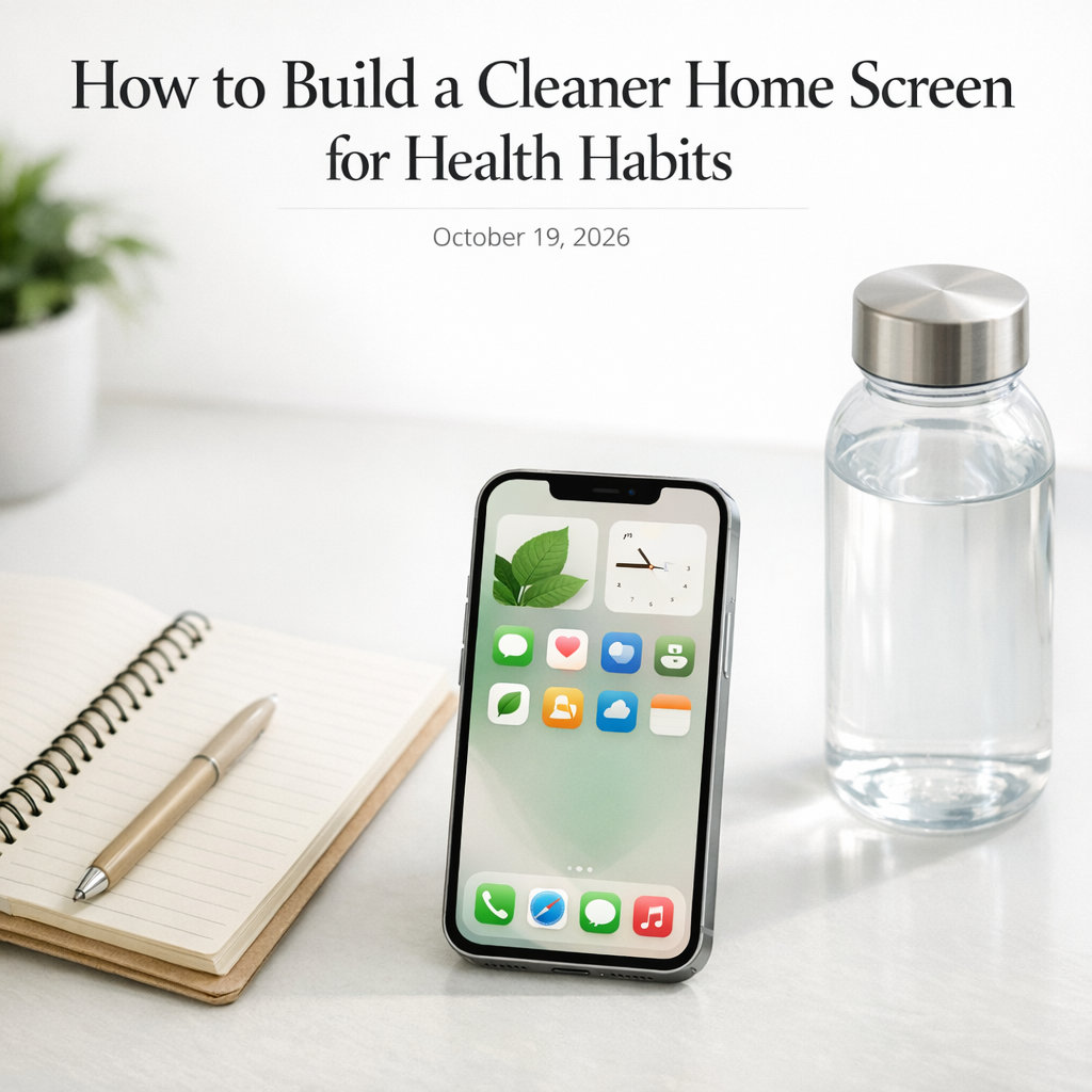 Clean phone home screen beside a notebook and water bottle on a bright desk