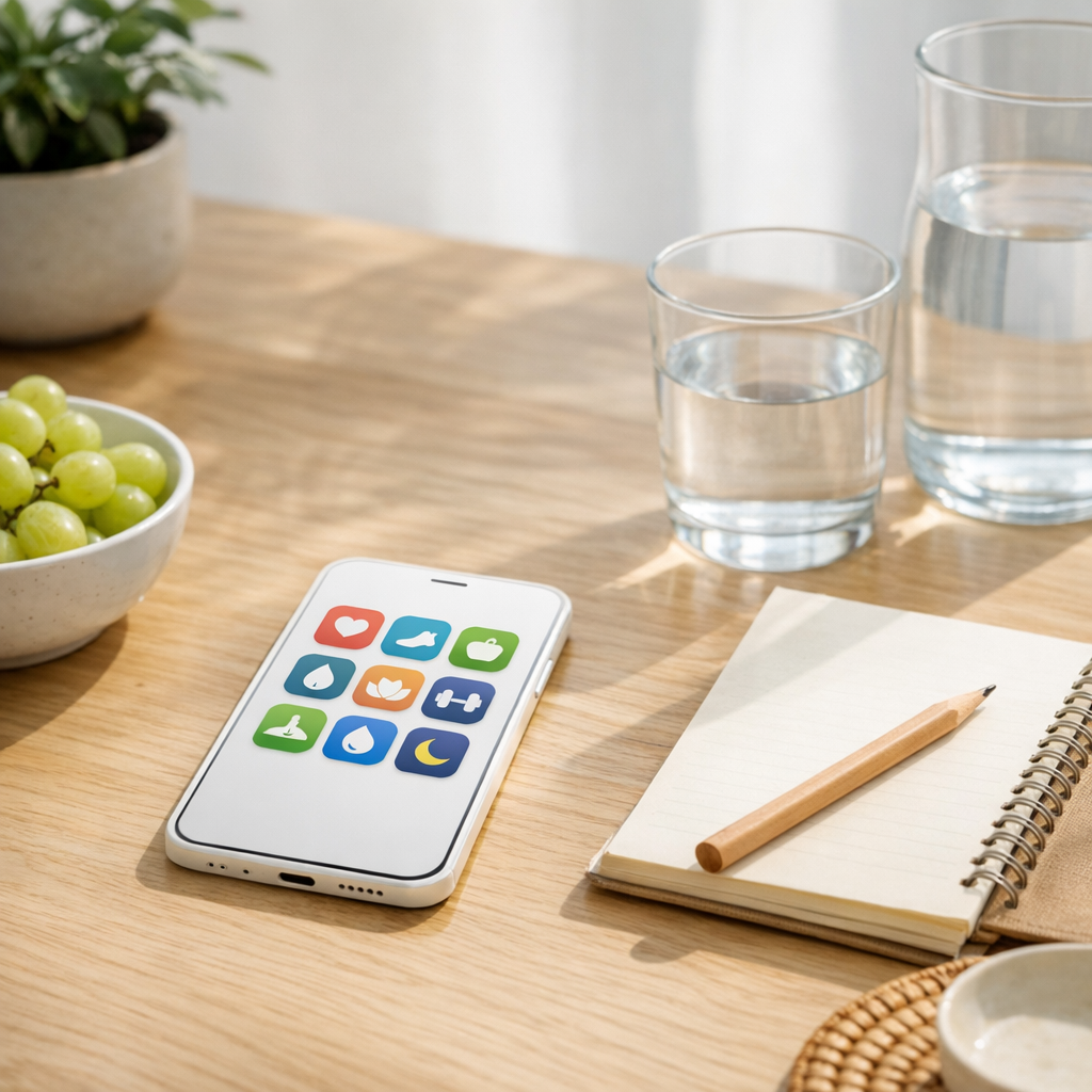 Bright desk with a simple phone app grid, notebook, and water glass