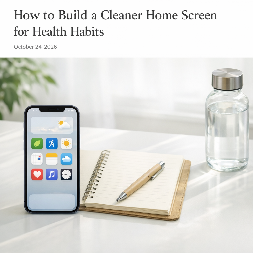 Clean phone home screen beside a notebook and water bottle on a bright desk