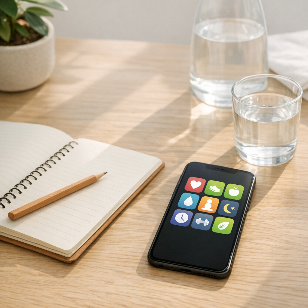 Bright desk with a simple phone app grid, notebook, and water glass