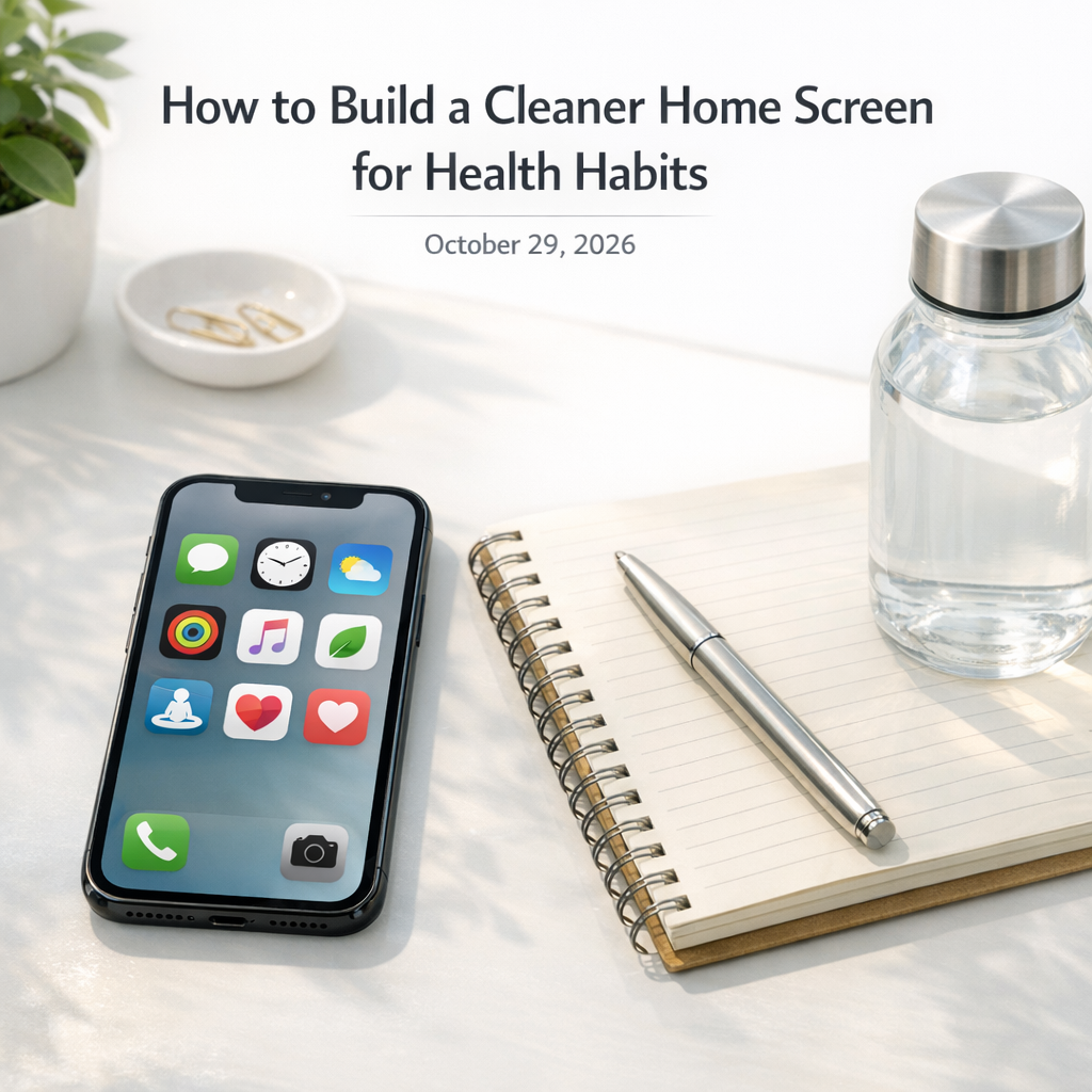 Clean phone home screen beside a notebook and water bottle on a bright desk
