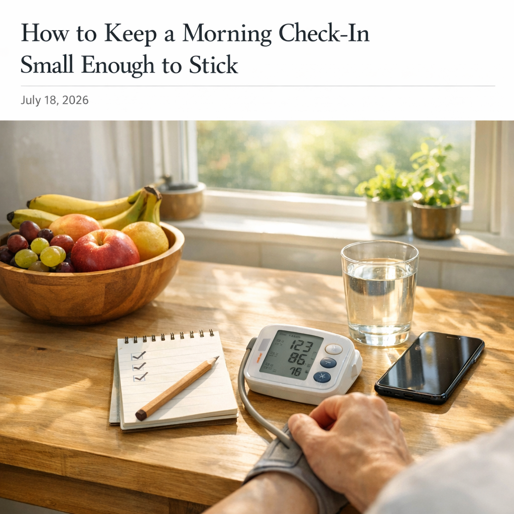 Morning wellness setup with iPhone, water glass, notebook, and fruit bowl