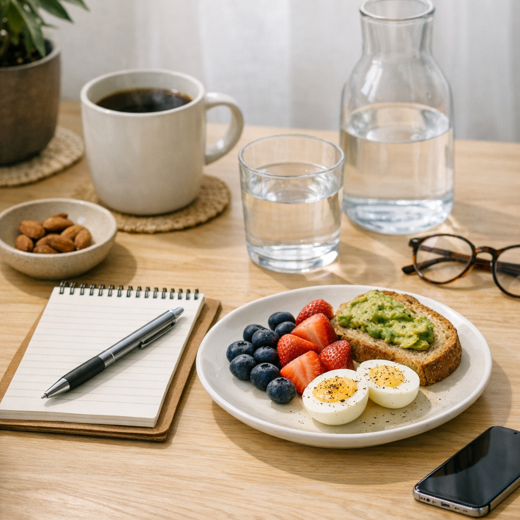 Desk with notebook, phone, and water bottle during a morning reset
