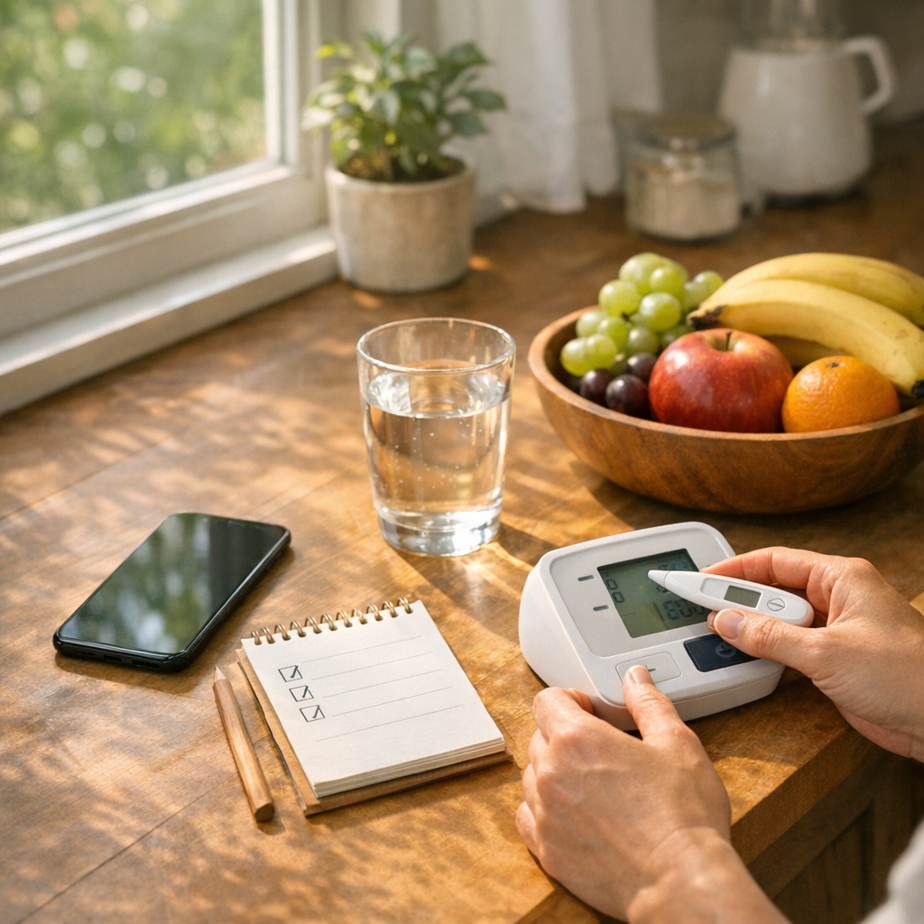 Morning wellness setup with iPhone, water glass, notebook, and fruit bowl