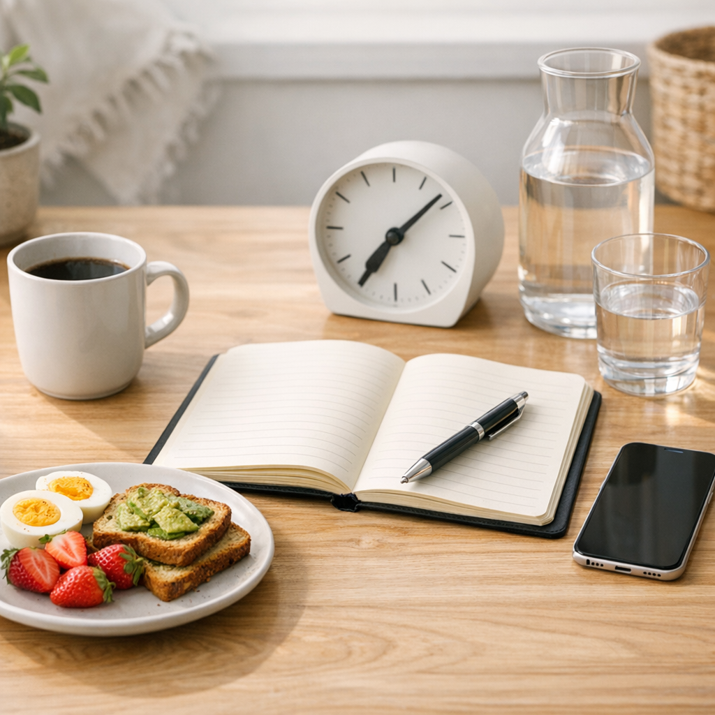 Desk with notebook, phone, and water bottle during a morning reset