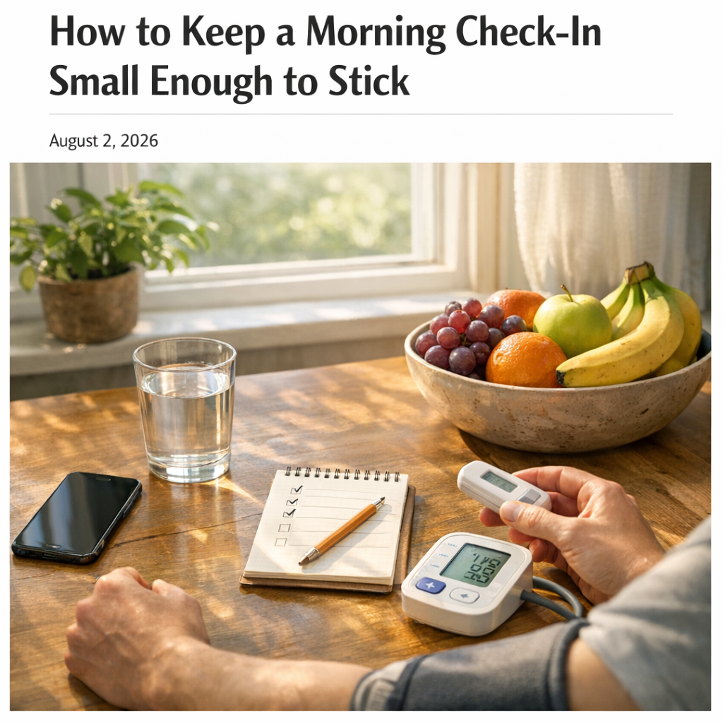 Morning wellness setup with iPhone, water glass, notebook, and fruit bowl