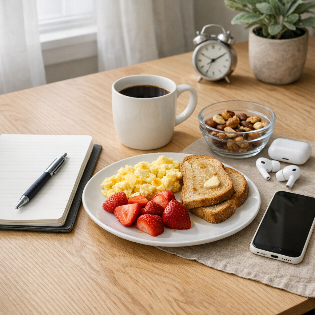 Desk with notebook, phone, and water bottle during a morning reset