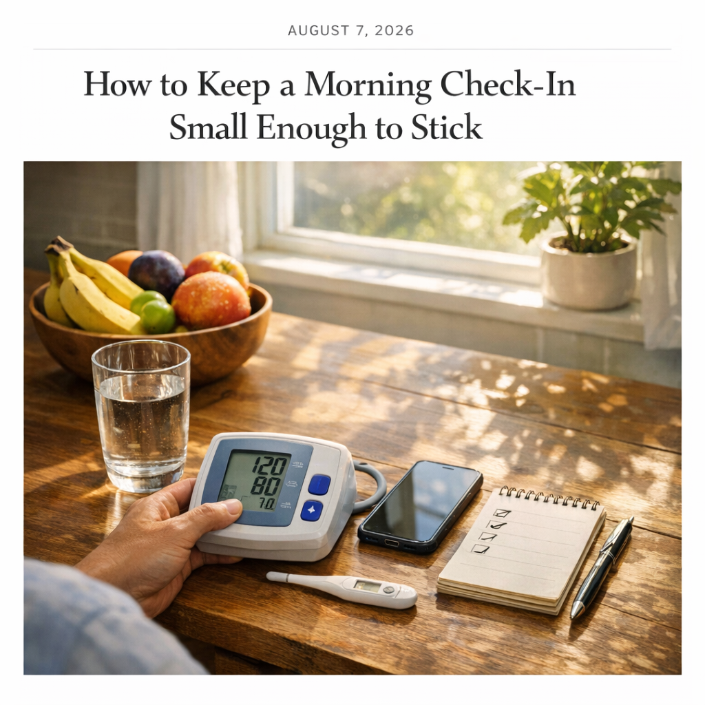 Morning wellness setup with iPhone, water glass, notebook, and fruit bowl