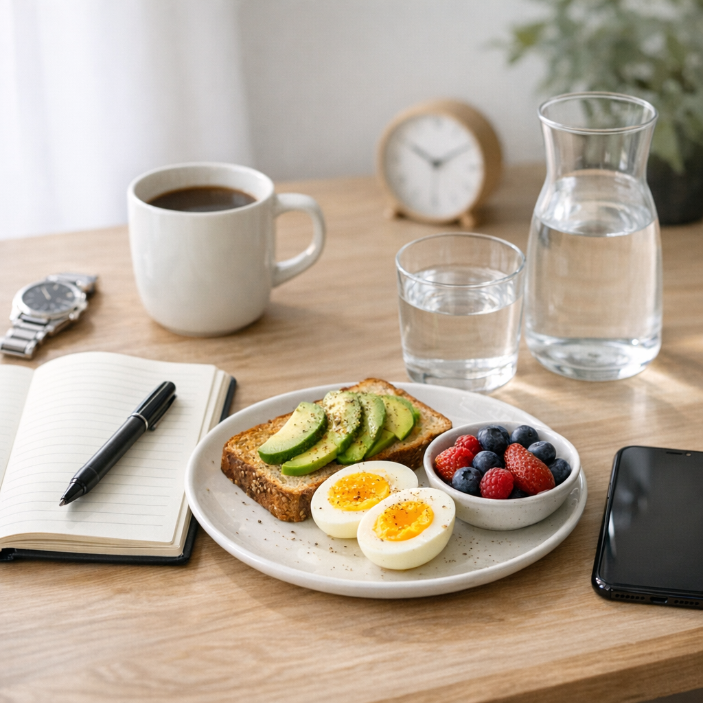 Desk with notebook, phone, and water bottle during a morning reset